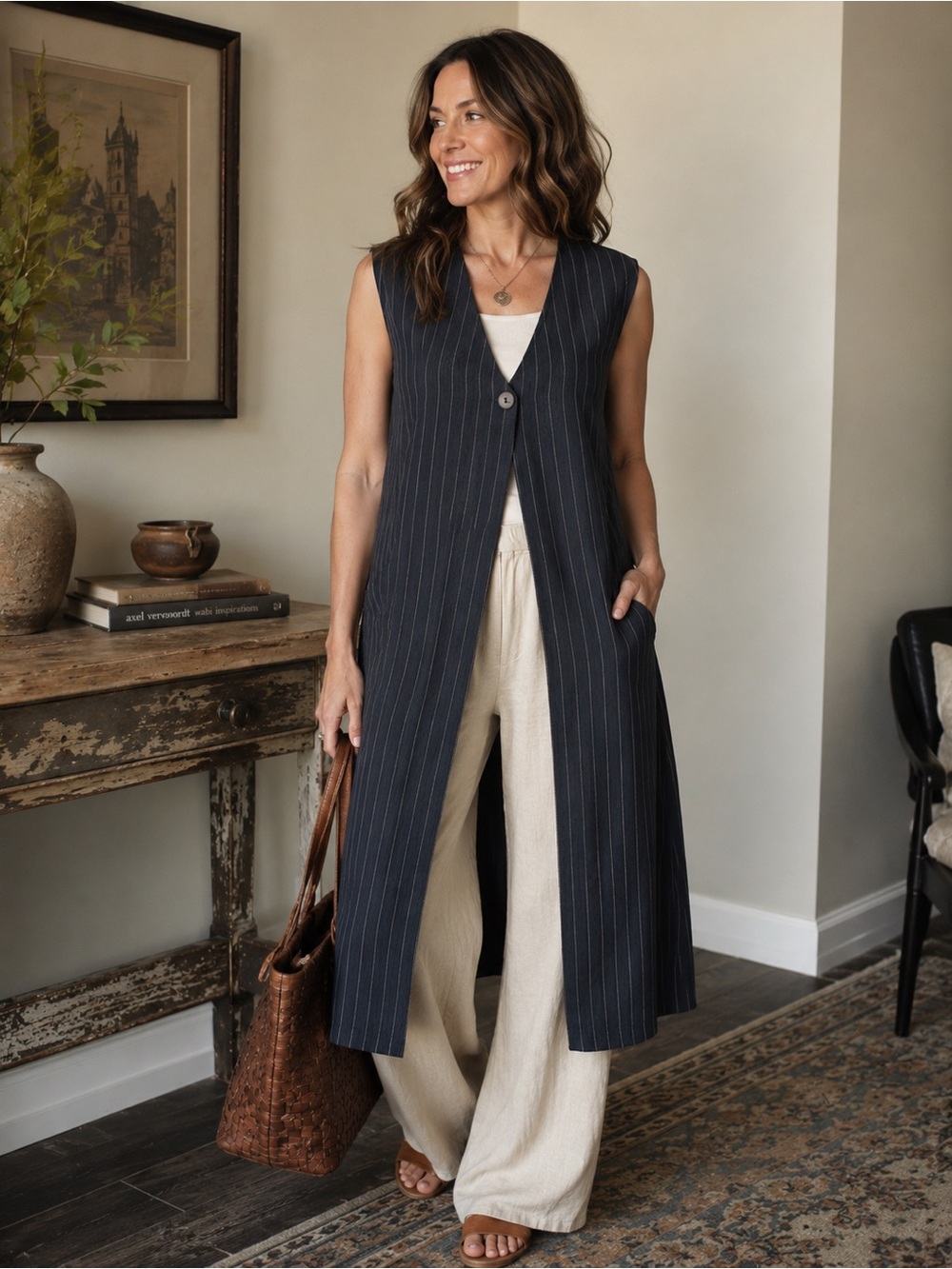 Addition Elle Navy Pinstriped Vest Top 47” long Size 22 Sheer